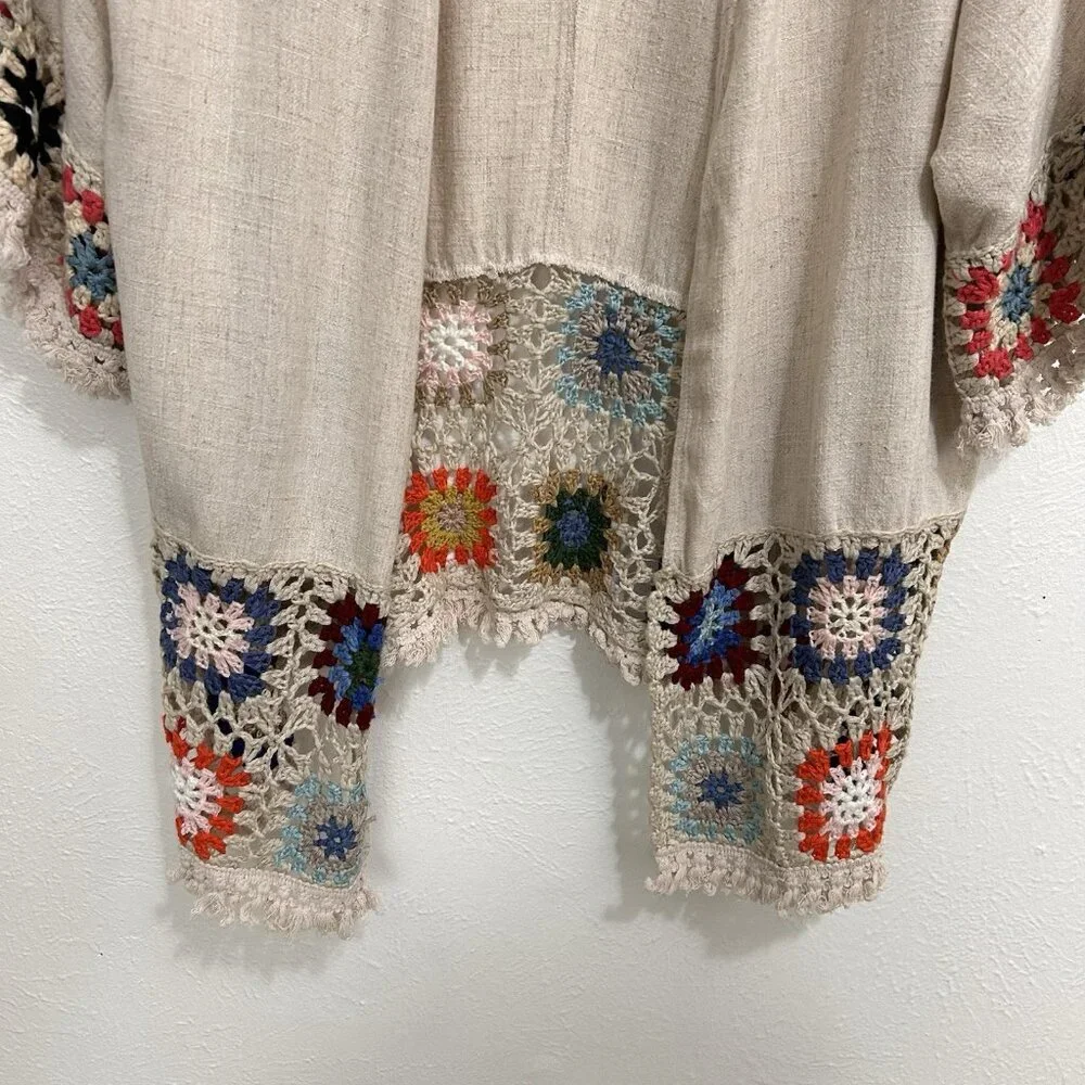 Umgee Crochet Patchwork Kimono Cardigan Oatmeal Open Front Granny core Size L - Picture 5 of 11
